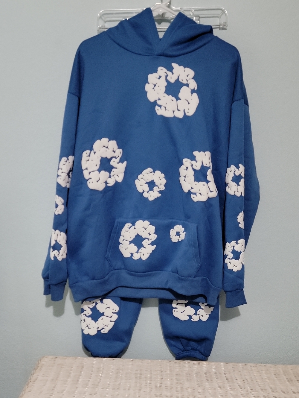 Blue Hoodie & Jogger Set with White Floral Ring Prints